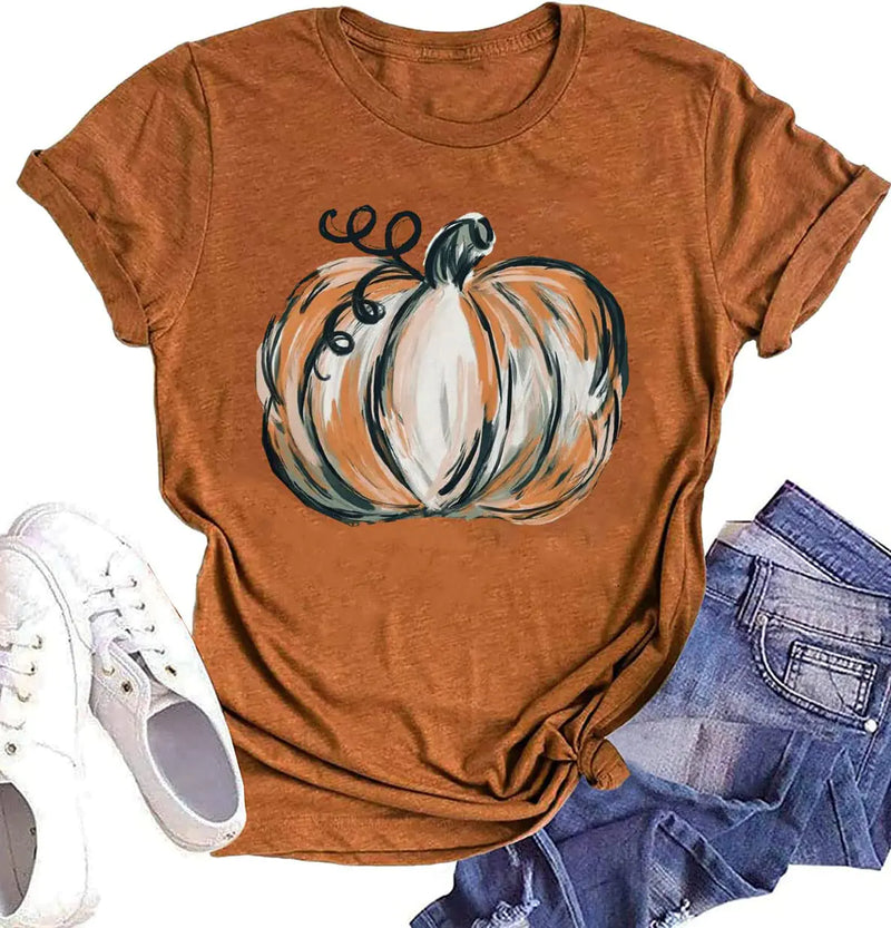 Fall Shirts for Women Halloween Pumpkin Graphic Tees Thanksgiving Family Turkey Tops Cute Autumn Thankful T-Shirt XX-Large Orange 9